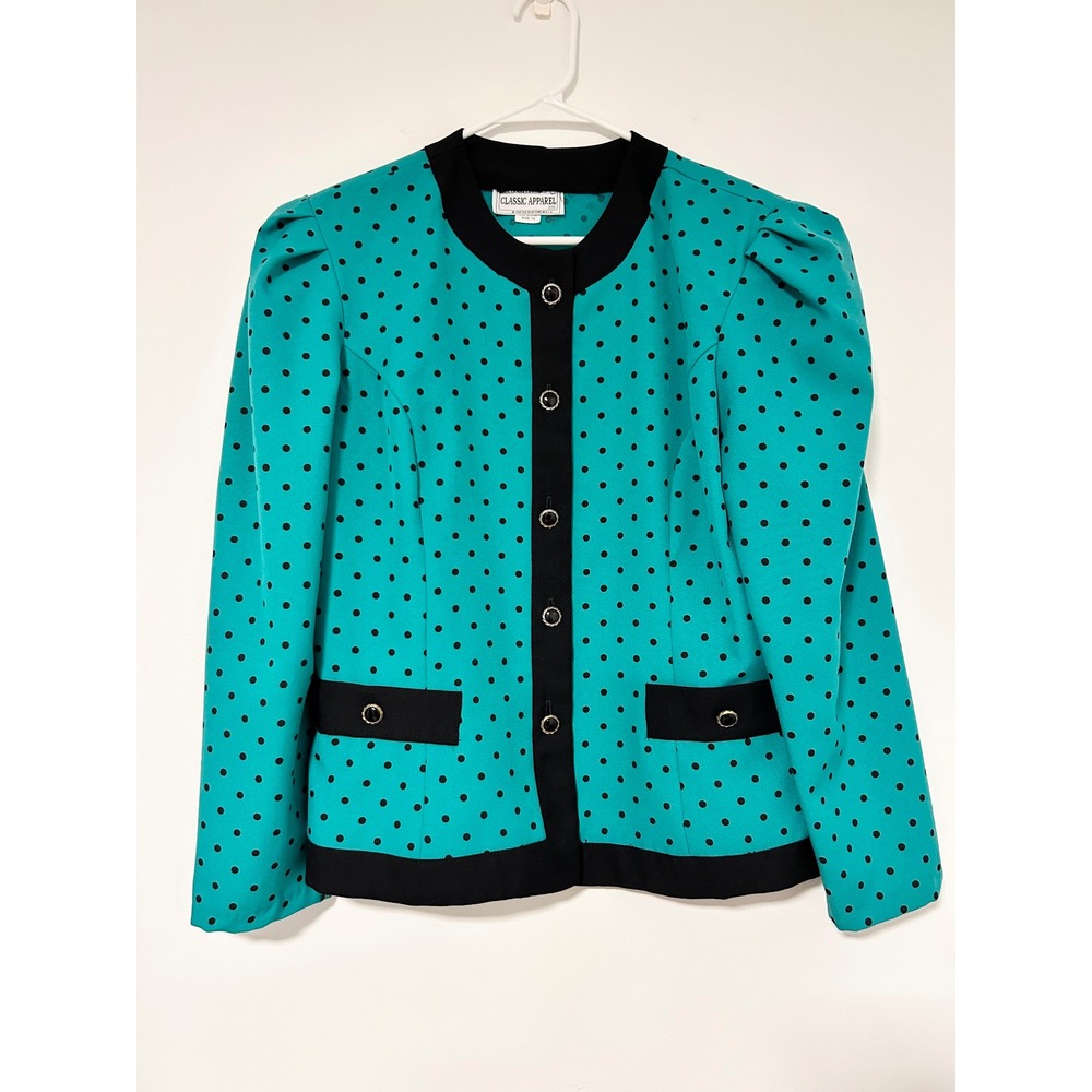 Classic Apparel Ltd 80s Vintage Teal Polka Dot Button Front Blazer Puff Shoulder